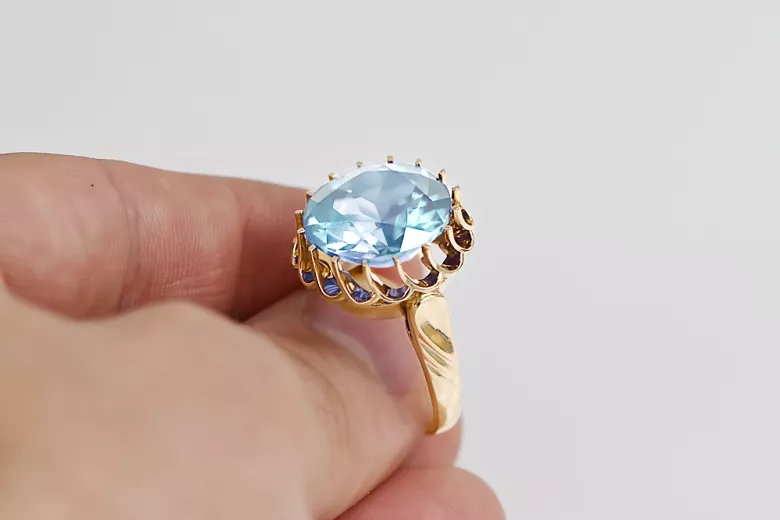 Aquamarine 8-кактовое желтое золото Кольцо Винтаж vrc035x-aq Art Deco Советский винтажный стиль украшений Ар-деко